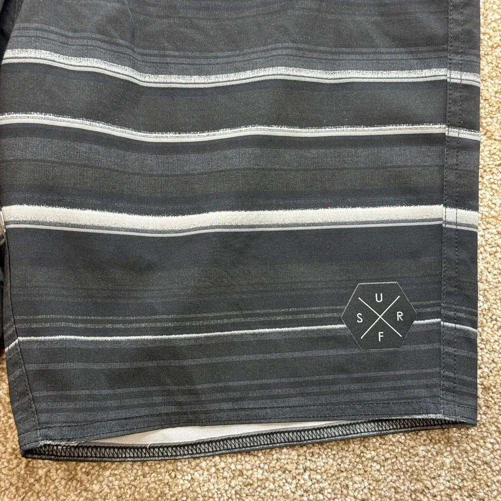 George Mens Black Grey Striped SURF Board Shorts Swim Trunks 30 Quick Dry